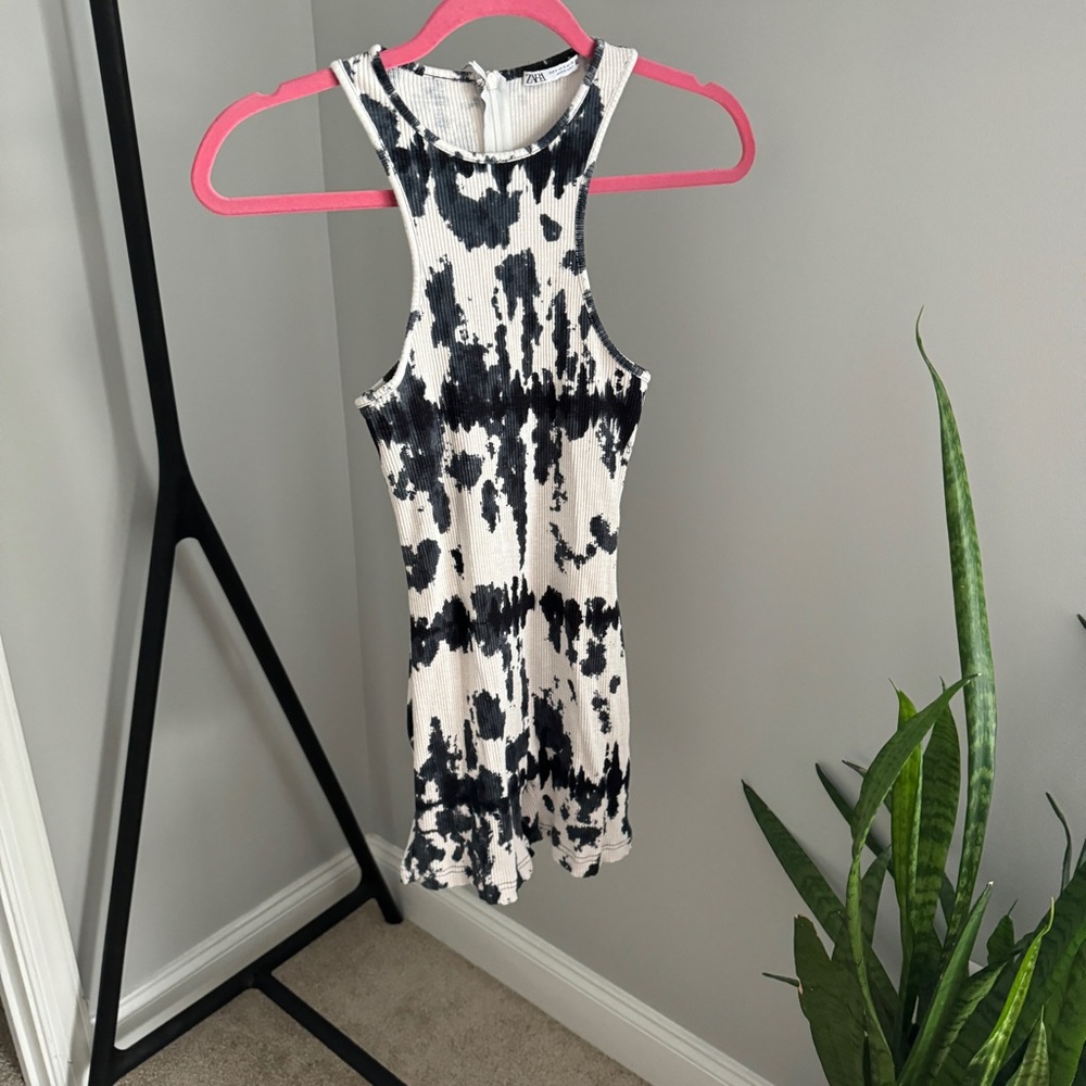 Zara Tie-Dye Print Ribbed Romper Biker Cream and Black Size Small